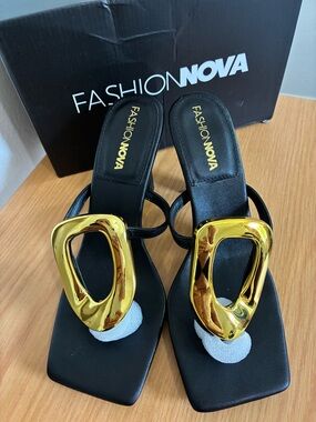Fashion Nova Black Heeled Sandals with Gold Hardware